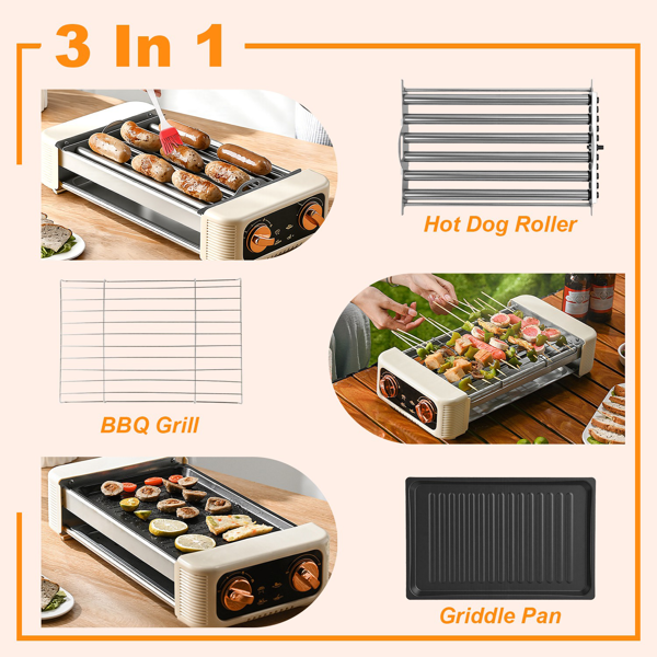 （自提可发加拿大，temu&tk下自提单）三合一电动香肠烤架，热狗滚轮配烧烤架和平底煎锅，3档温度调节，无烟室内外两用烤架，适用于香肠、培根、牛排、汉堡、煎饼-6