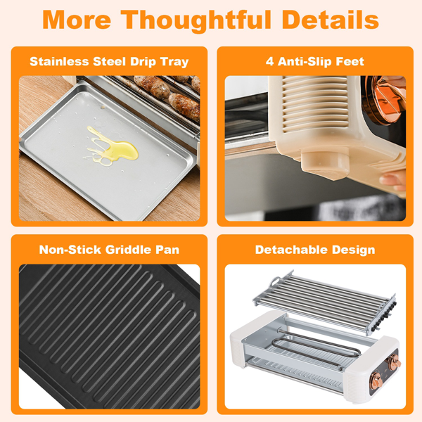 （自提可发加拿大，temu&tk下自提单）三合一电动香肠烤架，热狗滚轮配烧烤架和平底煎锅，3档温度调节，无烟室内外两用烤架，适用于香肠、培根、牛排、汉堡、煎饼-8