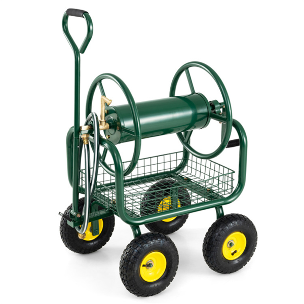 重型花园软管卷盘车，带10英寸气动轮，大容量软管卷取机，带储物篮和黄铜配件 -  绿色-5