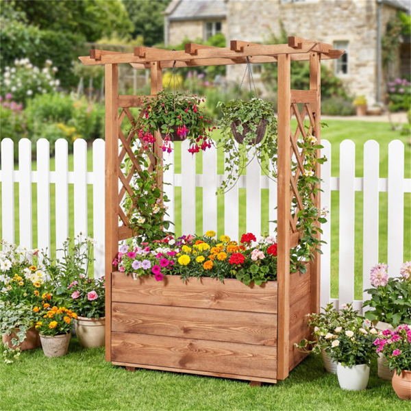 天然松木高架花园床，带格栅和悬挂屋顶，带排水的高架木制花盆箱- 橙色-2