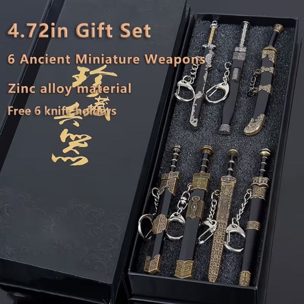 微型古代名剑套装带展示架（剑6个）（兵器14个） - 金属迷你剑武器模型钥匙扣吊坠，适合历史爱好者、派对用品和装饰品、独特礼品，收藏品-3