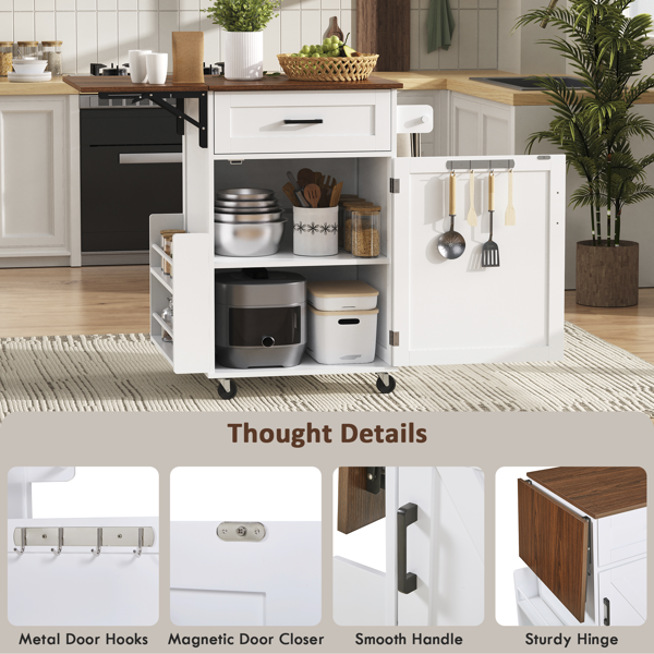 39.3英寸乡村风厨房岛台（带折叠延伸板）——厨房收纳岛车，配有侧边开放式置物架、抽屉、毛巾架及带锁滚轮；适用于厨房、庭院及花园，白色-27