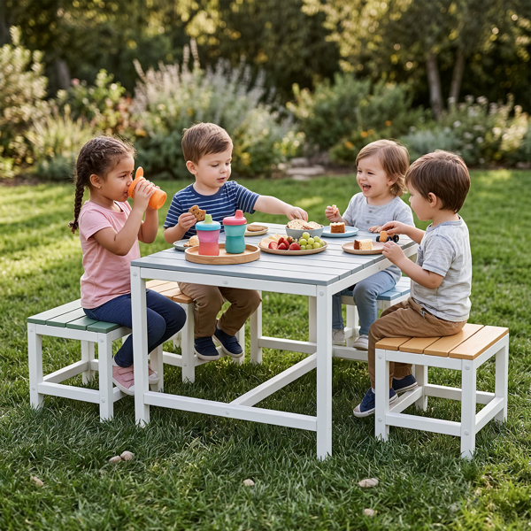 5pcs 1pc桌子+4pcs凳子 29.5in 蓝卡其浅橙蓝绿拼色 儿童庭院桌椅套装 杨木-5