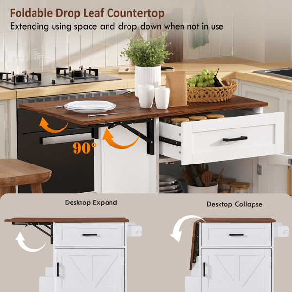 39.3英寸乡村风厨房岛台（带折叠延伸板）——厨房收纳岛车，配有侧边开放式置物架、抽屉、毛巾架及带锁滚轮；适用于厨房、庭院及花园，白色-5