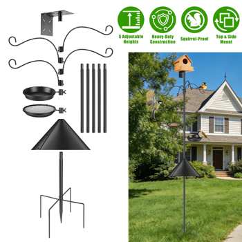 （自提可发加拿大，temu&tk下自提单）带松鼠防护装置的喂鸟架，五爪底座重型喂鸟架，32“-94” 可调节高度喂鸟站，配有4个牧羊钩，适用于户外花园庭院