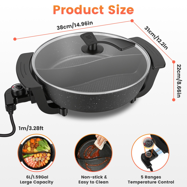 （自提可发加拿大，temu&tk下自提单）6升大容量带隔板的电火锅，5档可调温度不粘电炊具，3-6人用多功能火锅锅配烹饪工具-13