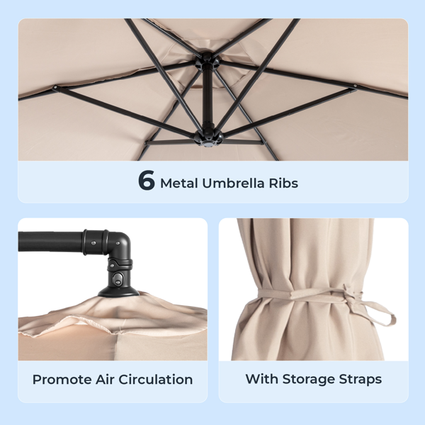 10FT 卡其色 香蕉伞 圆形  太阳伞 涤纶布 6铁伞骨 铁直杆弯杆 带立柱脚筒 十字底座-21