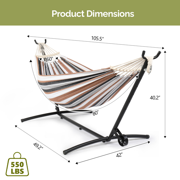 268*107*102CM 带轮羊角架 黑底+咖啡条床面 吊床套装 440lb 配2个木头梳子&600D牛津布收纳袋-3