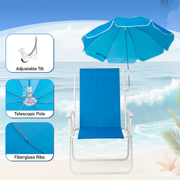 1pcs 座高15in XL  宝蓝色 铁沙滩椅 带伞 连体牛津布有横杆一档调节带伞弹簧铁沙滩椅15"-1 63*60*95cm 120kg-14