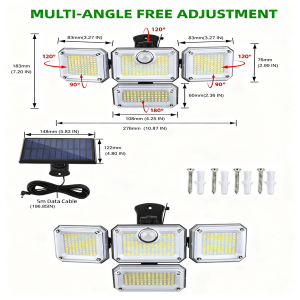 带运动传感器的太阳能户外灯，333颗LED广角灯珠，3种模式，270°照射角度，日光白光，遥控，防水壁灯，适用于车库、庭院，2026新款-7