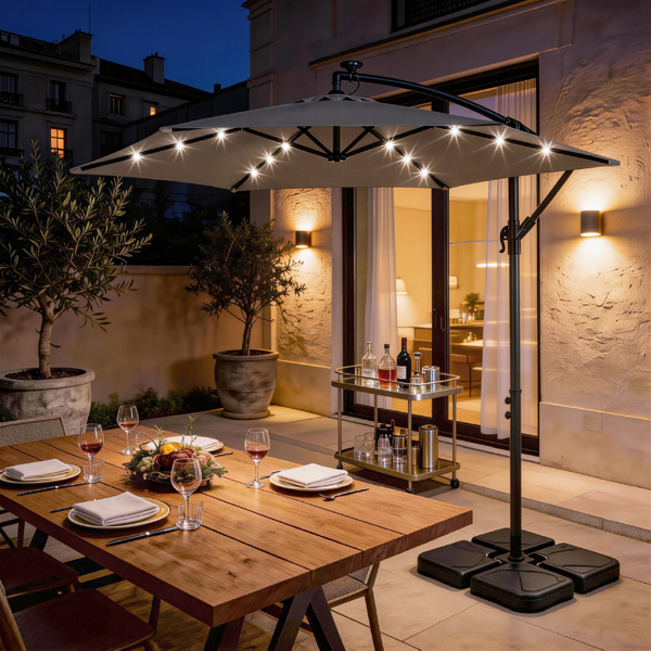 10FT  灰色 香蕉伞 圆形 太阳伞 涤纶布 6铁伞骨 铁直杆弯杆 带立柱脚筒 十字底座 带18灯珠-31