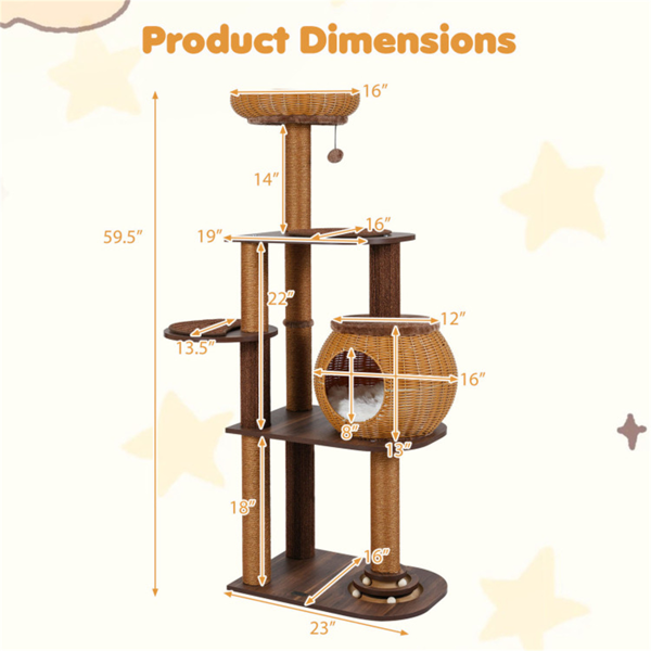 59.5英寸藤编猫树带猫公寓和顶层Perch多层猫塔-5