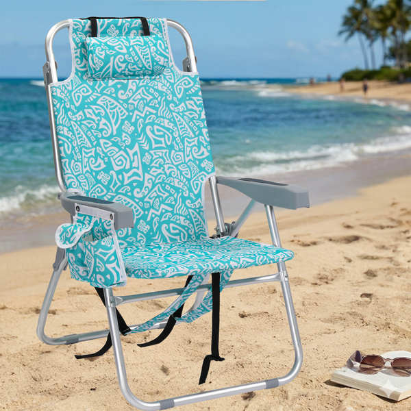 1pcs 座高15in 青色部落花纹 可平躺 铝沙滩椅 带头枕 双肩带 二合一布杯托侧袋 背部冰包 连体牛津布有横杆五档调节可平躺铝沙滩椅15"-1 63*109*102cm 120kg-10