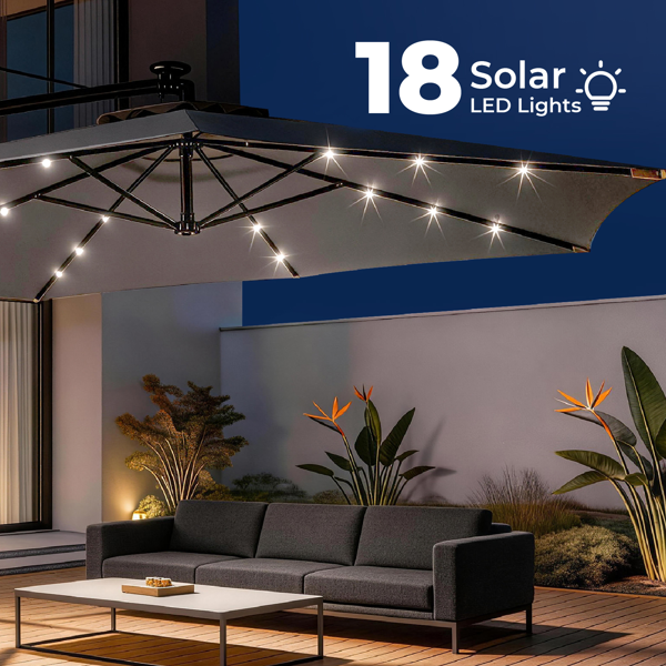 10FT  灰色 香蕉伞 圆形 太阳伞 涤纶布 6铁伞骨 铁直杆弯杆 带立柱脚筒 十字底座 带18灯珠-25