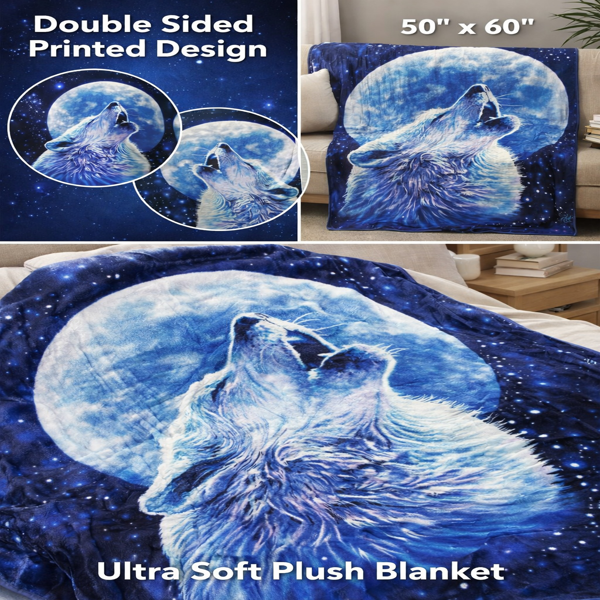 亲肤柔软法兰绒丝滑盖毯 50×60 英寸 狼啸满月款-3