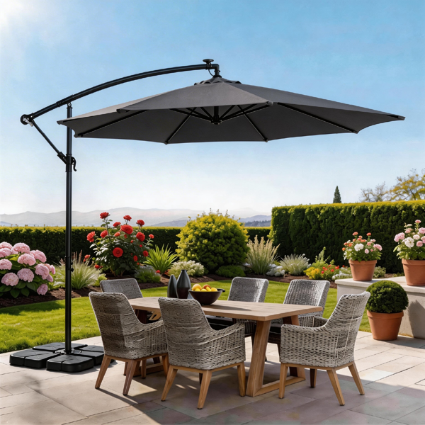 10FT  灰色 香蕉伞 圆形 太阳伞 涤纶布 6铁伞骨 铁直杆弯杆 带立柱脚筒 十字底座 带18灯珠-32