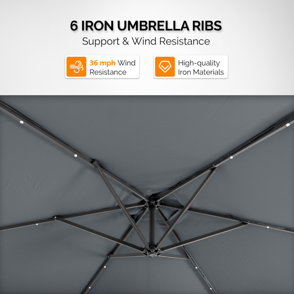 10FT  灰色 香蕉伞 圆形 太阳伞 涤纶布 6铁伞骨 铁直杆弯杆 带立柱脚筒 十字底座 带18灯珠-21