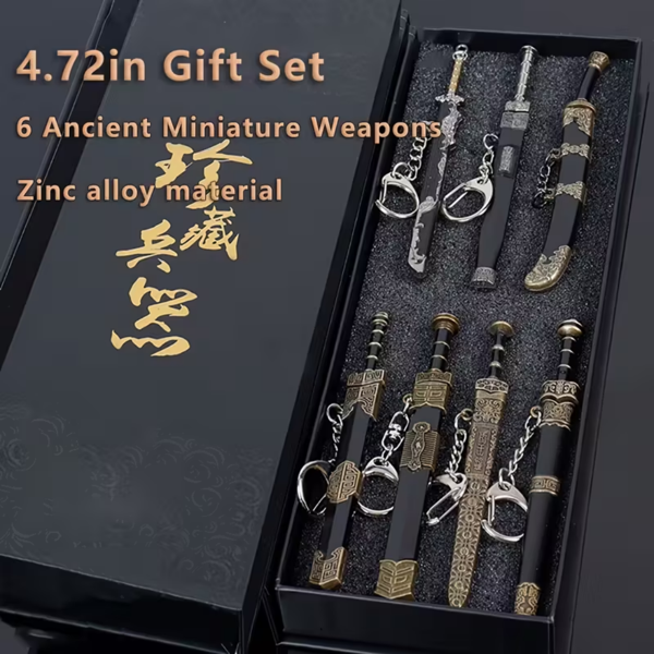 微型古代名剑套装带展示架（剑6个）（兵器14个） - 金属迷你剑武器模型钥匙扣吊坠，适合历史爱好者、派对用品和装饰品、独特礼品，收藏品-2
