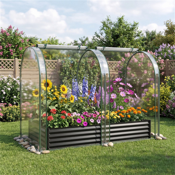 三合一高架花园床，带温室盖130加仑镀锌金属花盆箱 - 黑色-8