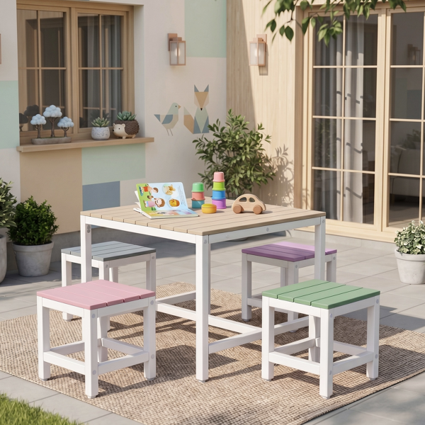 5pcs 1pc桌子+4pcs凳子 29.5in 卡其粉紫蓝绿拼色 儿童庭院桌椅套装 杨木-8