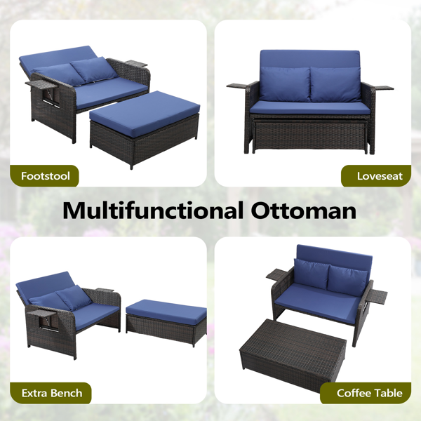 情人椅+储物脚凳 靠背可调节  带杯托 棕色渐变藤条 蓝色垫子 编藤躺床-4