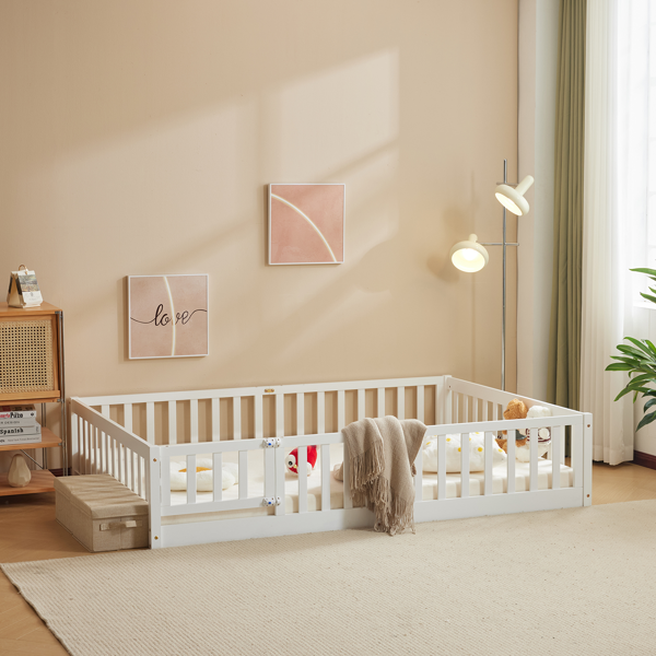 白色 油漆面 松木 围栏床 带门 带铺板 Full 儿童木床-6