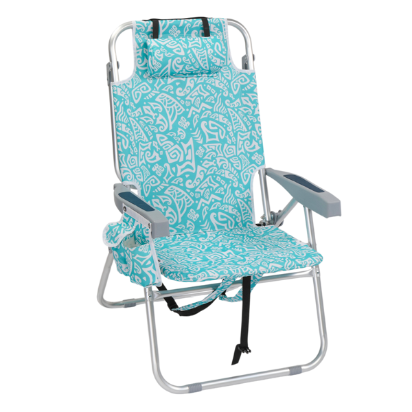 1pcs 座高15in 青色部落花纹 可平躺 铝沙滩椅 带头枕 双肩带 二合一布杯托侧袋 背部冰包 连体牛津布有横杆五档调节可平躺铝沙滩椅15"-1 63*109*102cm 120kg-1