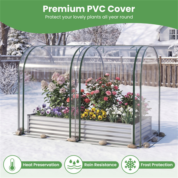 三合一高架花园床，带温室盖130加仑镀锌金属花盆箱 - 银色-10