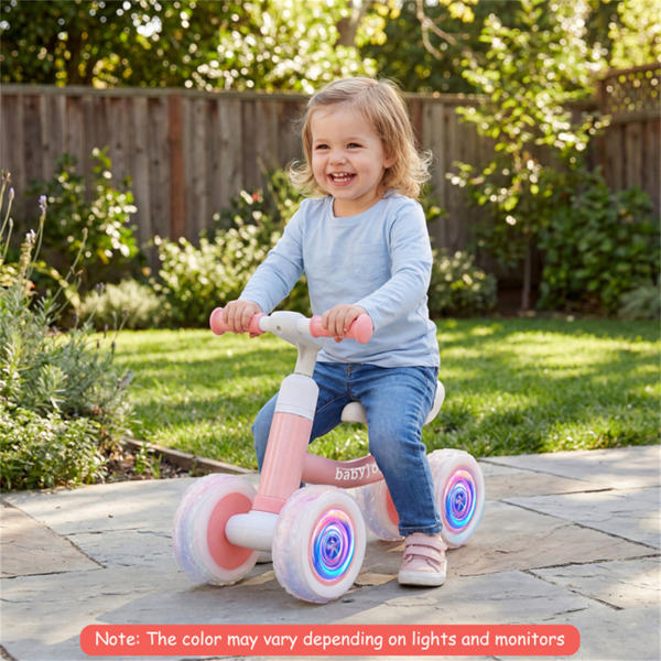 4轮儿童平衡自行车，带发光轮，3级可调高度幼儿推车，带安全转向限制的无踏板滑行自行车-粉色-2