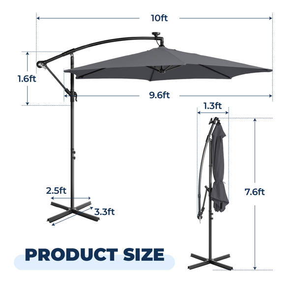 10FT  灰色 香蕉伞 圆形 太阳伞 涤纶布 6铁伞骨 铁直杆弯杆 带立柱脚筒 十字底座 带18灯珠-15