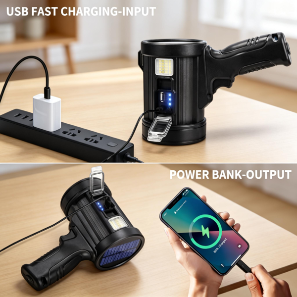 可充电聚光灯，超亮聚光手电筒，长续航聚光探照灯，户外手持LED手电筒，高流明，带太阳能电池板，适用于狩猎、露营、划船等活动。-9