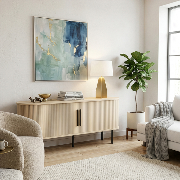 橡木色 浮雕 刨花板 椭圆台面 147*35*58cm 推拉格栅门 电视柜-2