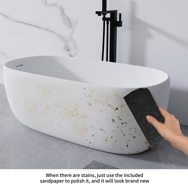 51英寸哑光人造石浴缸，独立式人造石树脂浴缸，哑光白色人造石浸泡浴缸，带溢流口和弹出式排水口的独立式浴缸，哑光白-4