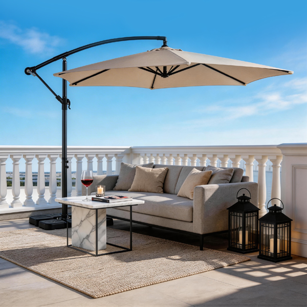 10FT 卡其色 香蕉伞 圆形  太阳伞 涤纶布 6铁伞骨 铁直杆弯杆 带立柱脚筒 十字底座-27