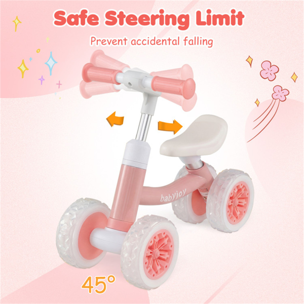 4轮儿童平衡自行车，带发光轮，3级可调高度幼儿推车，带安全转向限制的无踏板滑行自行车-粉色-6