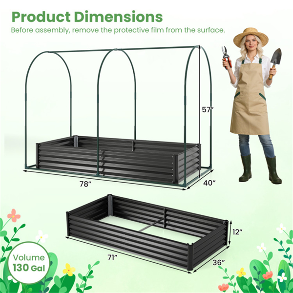 三合一高架花园床，带温室盖130加仑镀锌金属花盆箱 - 黑色-5