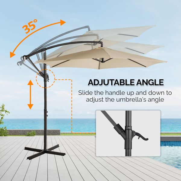 10FT 卡其色 香蕉伞 圆形  太阳伞 涤纶布 6铁伞骨 铁直杆弯杆 带立柱脚筒 十字底座-18