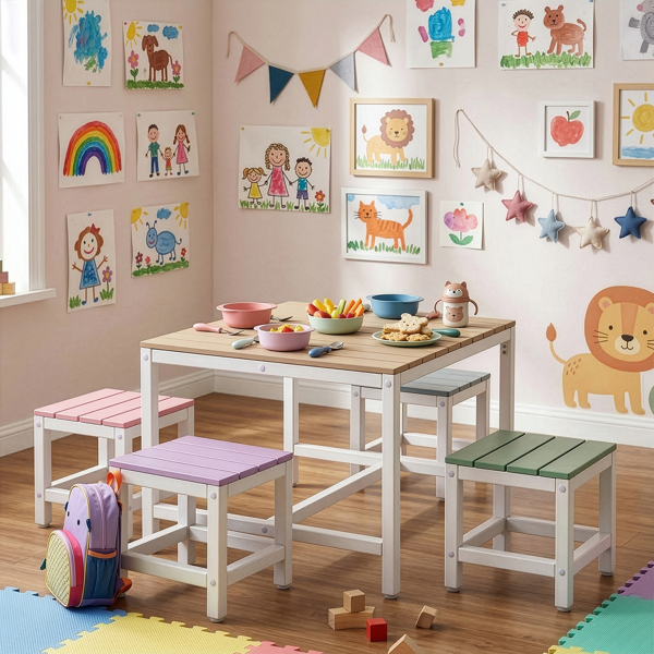 5pcs 1pc桌子+4pcs凳子 29.5in 卡其粉紫蓝绿拼色 儿童庭院桌椅套装 杨木-8