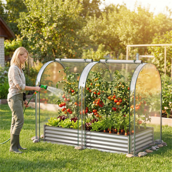 三合一高架花园床，带温室盖130加仑镀锌金属花盆箱 - 银色-3