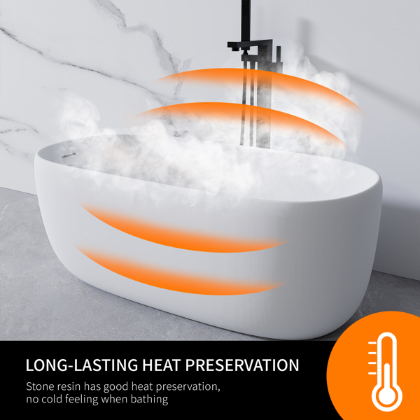 51英寸哑光人造石浴缸，独立式人造石树脂浴缸，哑光白色人造石浸泡浴缸，带溢流口和弹出式排水口的独立式浴缸，哑光白-5