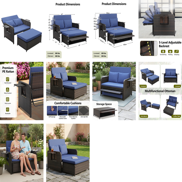 情人椅+储物脚凳 靠背可调节  带杯托 棕色渐变藤条 蓝色垫子 编藤躺床-11