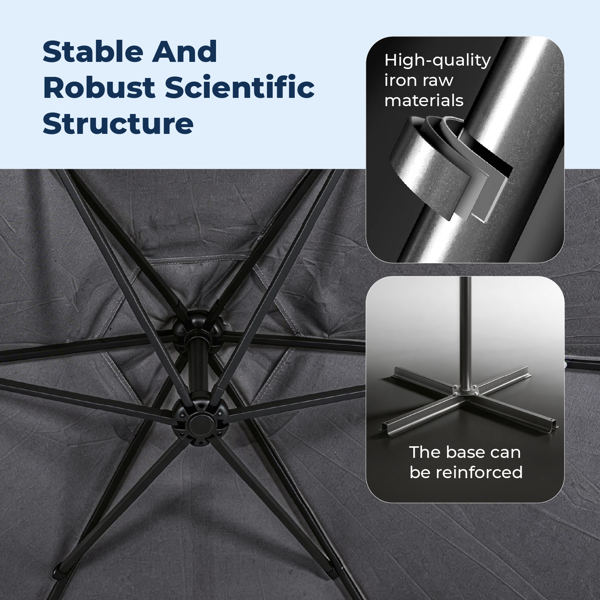 10FT  灰色 香蕉伞 圆形 太阳伞 涤纶布 6铁伞骨 铁直杆弯杆 带立柱脚筒 十字底座 带18灯珠-24
