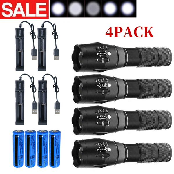 4套USB可充电LED手电筒可调焦户外5模式手电筒+电池+USB充电器套装(各平台政策不同，链接已附相关资质，如无所需资质请勿上架)-1