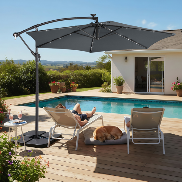 10FT  灰色 香蕉伞 圆形 太阳伞 涤纶布 6铁伞骨 铁直杆弯杆 带立柱脚筒 十字底座 带18灯珠-30