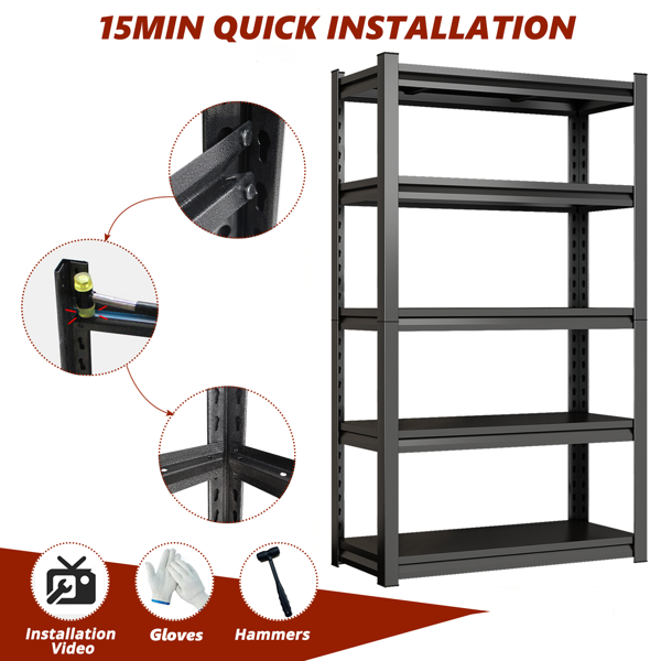 五层金属储物架，工业用多功能架，可调节高度书架，适用于客厅、办公室、车库、超市、健身房，71.20 英寸高 x 39.37 英寸宽 13.78 英寸深，黑色，需组装-7
