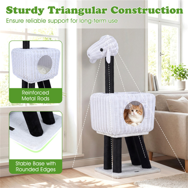 14×18.5×43" Lamb-Shaped Cat Tree with Rattan Condo & Sisal Scratching Posts Indoor Cat Tower-8