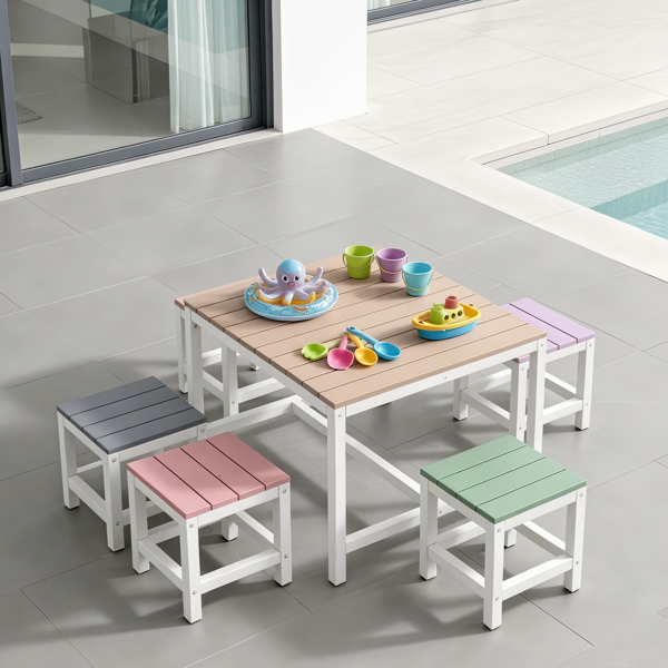 5pcs 1pc桌子+4pcs凳子 29.5in 卡其粉紫蓝绿拼色 儿童庭院桌椅套装 杨木-7