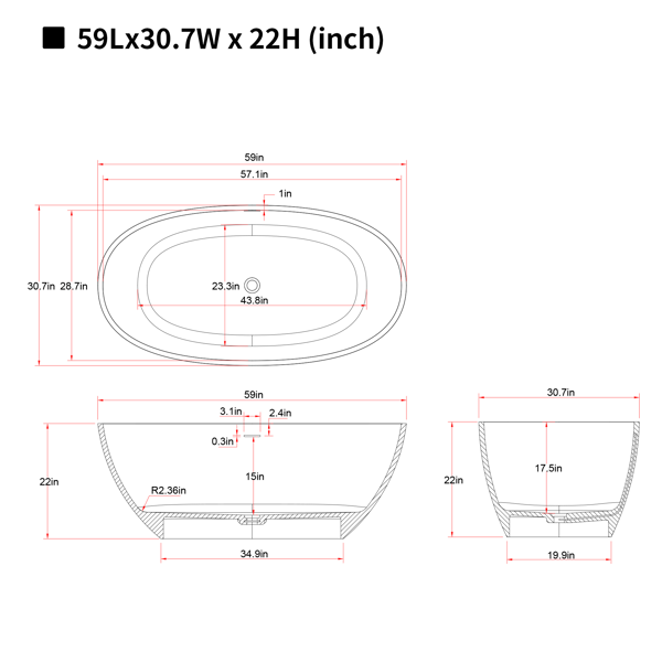 59英寸哑光人造石浴缸，独立式人造石树脂浴缸，哑光白色人造石浸泡浴缸，带溢流口和弹出式排水口的独立式浴缸-8