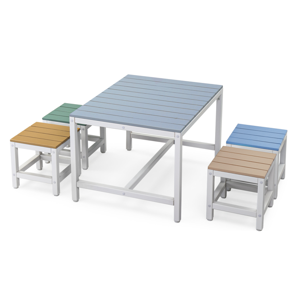 5pcs 1pc桌子+4pcs凳子 29.5in 蓝卡其浅橙蓝绿拼色 儿童庭院桌椅套装 杨木-1
