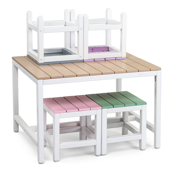 5pcs 1pc桌子+4pcs凳子 29.5in 卡其粉紫蓝绿拼色 儿童庭院桌椅套装 杨木-5